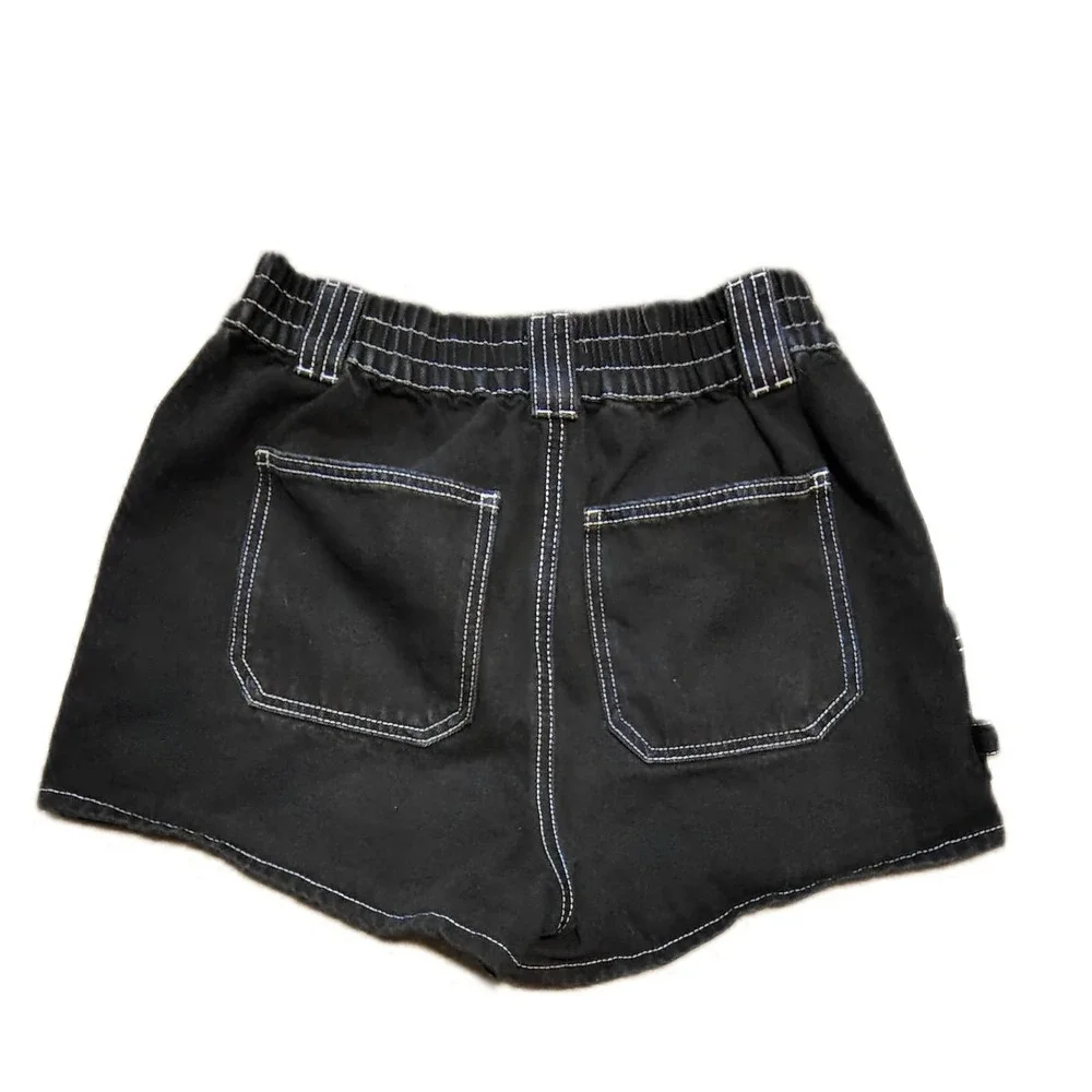 Womens Black Contrast Stitch High‎ Waist Denim Shorts 9/29 Skater Streetwear